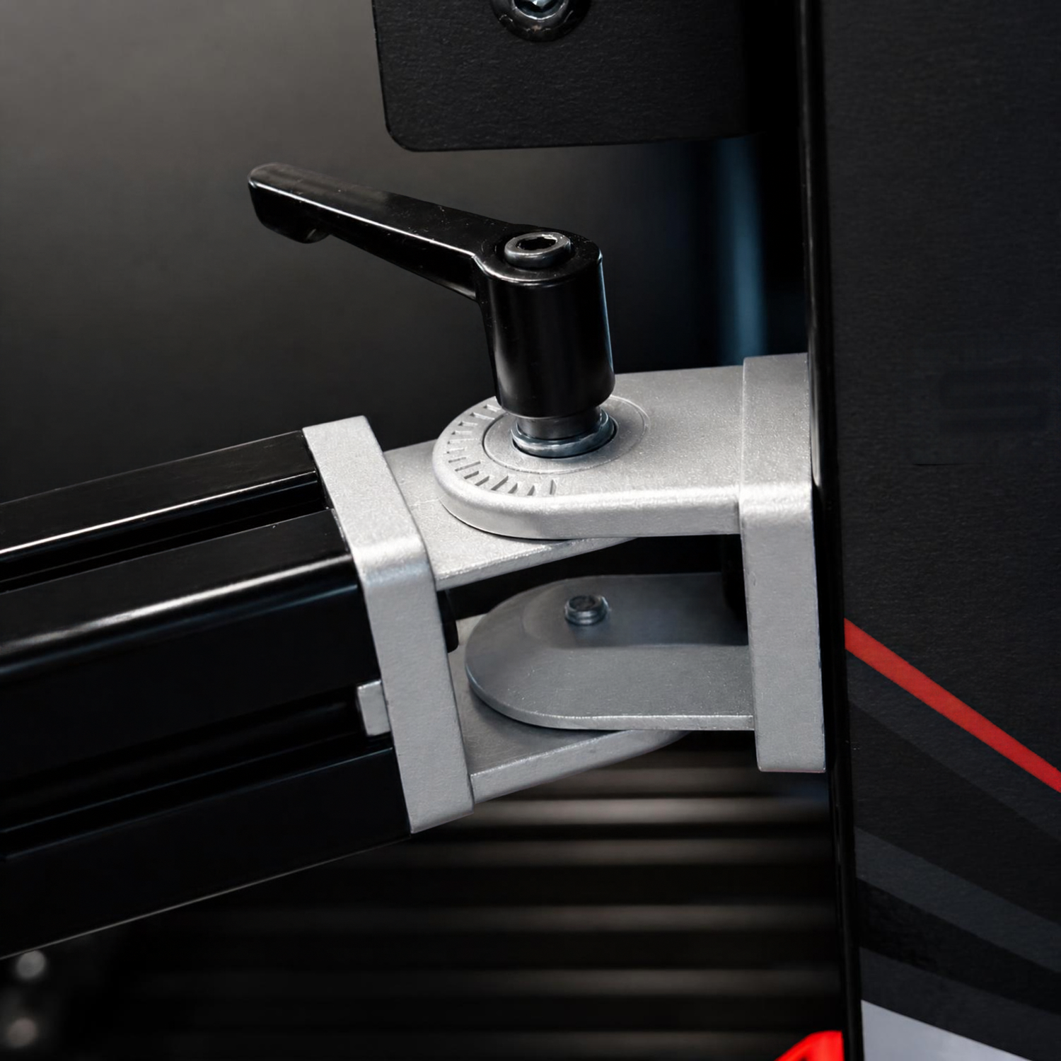 Close-up of the locking lever and single hinge on the SimXPro keyboard arm